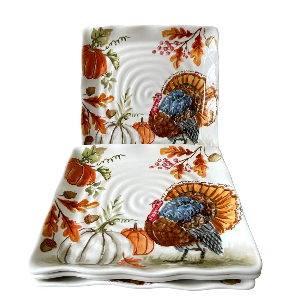 MAXCERA Thanksgiving Turkey Pumpkin Dinner Plates 11in Square Ceramic Set of 4